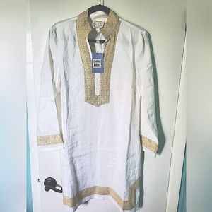 NWT Sail to Sable White linen gold trim tunic dress sz L